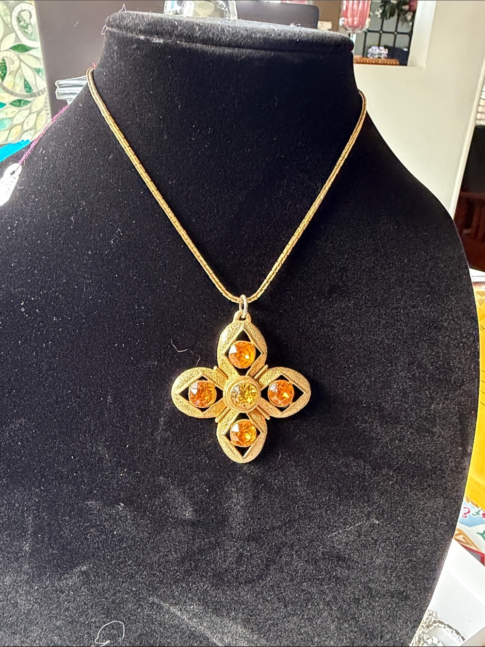 VINTAGE Monet Gold-Tone Floral Cross Pendant Necklace with Amber Stones